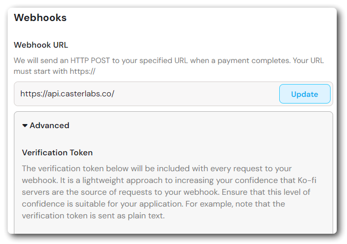 Ko-fi webhook settings page